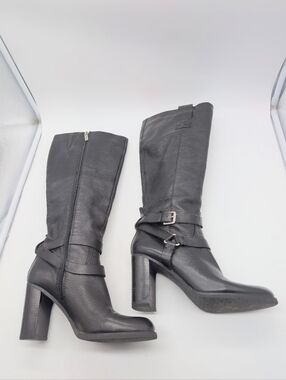 Bandolino Sz 7.5 BD AISEL Women's Black Leather Mid-Calf Heeled Boots